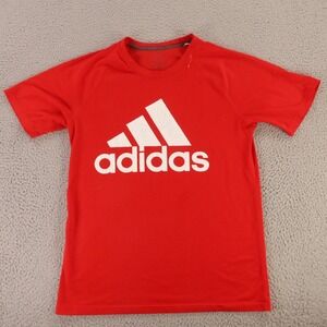 Adidas Shirt Mens M Red 100% Polyester Short Sleeve White Big Logo Ultimate Tee
